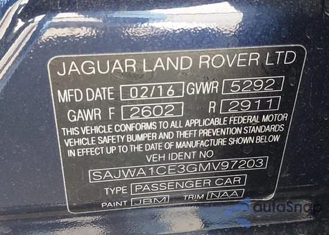 2016 Jaguar Xj Supercharged из США, поврежденный, VIN SAJWA1CE3GMV97203